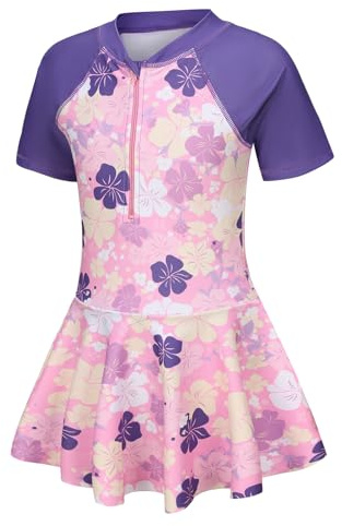 Maillot de bain pour fille avec jupe, une pièce, à manches courtes, UV, 110-164/5-16 ans, Fleurs roses, 11-12 ans