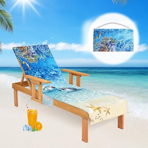 Oemmn Ozean Housse de protection pour chaise longue de jardin en microfibre à séchage rapide Serviette de plage en éponge Coussin pour chaise longue de jardin Serviette avec 2 poches