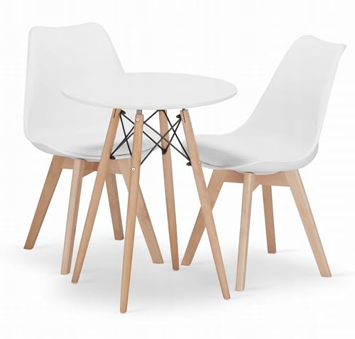 NMK HOME Essgruppe Esstisch Rund Ф 60 cm mit 2 Weißen Stühlen - Esszimmerstühle 2er Set mit einem Kissen aus Kunstleder und Buchenholzbeinen