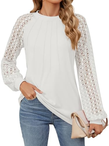 Blusas de Mujer Elegantes Camiseta Manga Larga con Encaje Camisa Mujer Top (Blanco,XL)