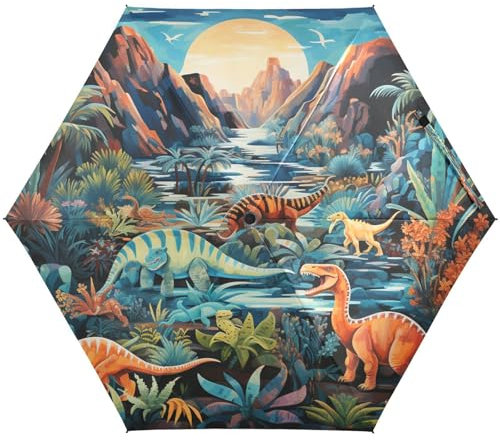 KAAVIYO Berg Blau Bunt Dinosaurier Regenschirm UV-Schutz Taschenschirm Umbrella Klein Leicht Schirm Kompakt Schirme für Mädchen Reise Strand Frauen