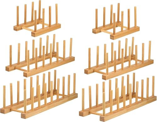 Lawei Juego de 6 escurreplatos de bambú – 3/6/8 ranuras de madera, soporte para tapa de olla, estante de secado de platos para platos, cuencos, tazas, tabla de cortar
