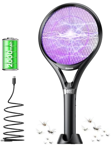 Minimoon Electric Fly Swatter with LED Display, 2000mAh Rechargeable Fly Swatter Racket, 2500V Bug Zapper Racket Dual Modes, Mosquito Killer Lamp with 3 Layers Safety Mesh for Indoor Outdoor Camping