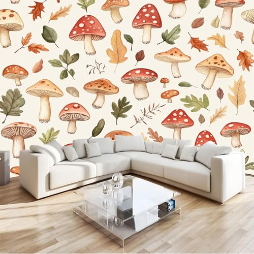 Panoramic Wallpaper Mushroom Leaf Pattern 3D Effect Photo Wallpaper, Beige Mural Panoramic Wall Tapestry, Large Photo Mural W200 X H140 Cm for Bedroom Living Room Office Decoration