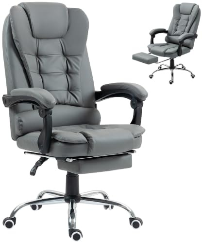 HOMCOM Bürostuhl Ergonomischer Schreibtischstuhl mit Lendenwirbelstütze, Armlehne, Fußstütze, Höhenverstellbarer Drehstuhl mit Wippfunktion, Kunstleder, Gepolstert Computerstuhl, Grau