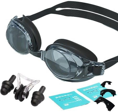 HSTWODE 1Stück Optische Schwimmbrille mit Sehstärke -1,5 bis -9,0, Anti-Beschlag-UV-Schutz, Einteilige Schwimmbrille mit Ohrstöpsel, für Herren und Damen