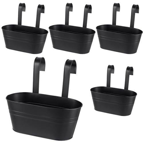 SYUTBOU 5 Stück 27 x 14,5cm Schwarz Ovale Blumentöpfe zum Aufhängen, Metall hängetöpfe mit 2 Haken, Pflanztopf für Balkon, Zäune und Fenster