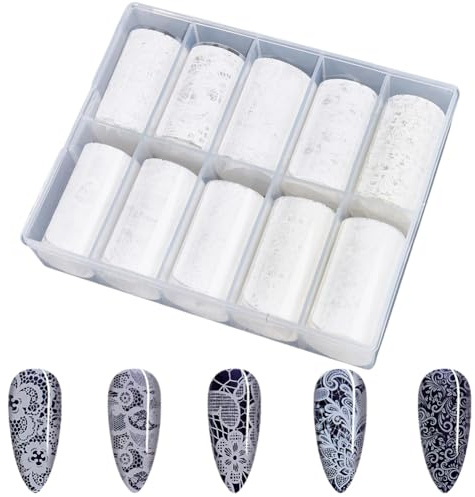 SOFPLATE 10 Rollen 4cm Weiß Nagelfolien Transfer Nagelkunst Transferpapier | Hohle Spitze Blumennmuster Elegantes PET Holografisches Bastel Aufkleber Zubehör Für Maniküre Tipps Kunst DIY Dekoration