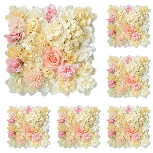 Niceminiwall Lot de 6 panneaux muraux de fleurs artificielles, hortensia rose 3D, décoration pour mariage, maison, jardin, fête, zone photo, 38,1 x 38,1 cm (jaune rose)