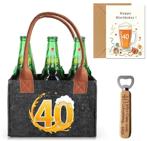 Geschenk 40 Geburtstag, Männerhandtasche Bier mit Flaschenöffner und Grußkarten für Männer, Lustige Geschenke zum 40. Geburtstags, Männerhandtasche Bier Flaschenträger für 6 Bierflaschen (40th)