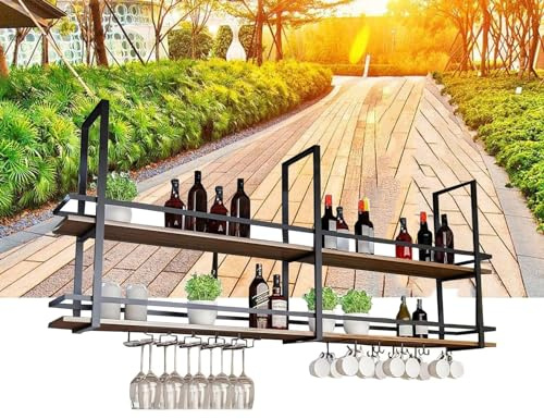DUANHOZ Mensola per Vino da soffitto - Portabicchieri da Vino sospeso, Portaoggetti da Cucina sospeso, Portabicchieri da Vino in Legno massello da Parete con corrimano, per cucin