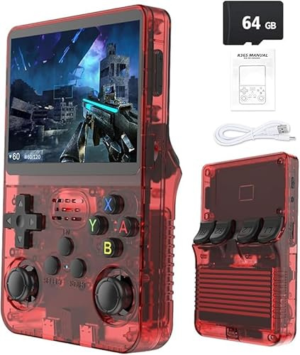 Gziztx Console di gioco portatile retrò R36S: oltre 21.000 giochi classici, schermo IPS da 3,5, memoria da 64 GB/128 GB, dispositivo di gioco portatile Linux (64G-Rosso)