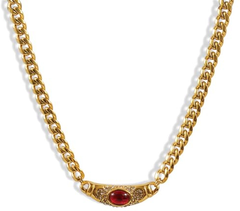 ThiCc Shiny Zircon Pendant Necklace in Stainless Steel - Elegant Gold Tone Oval Colorful Zirconia Adjustable Chunky Chain Fashion Jewelry for Women Accessories Gifts (Red)