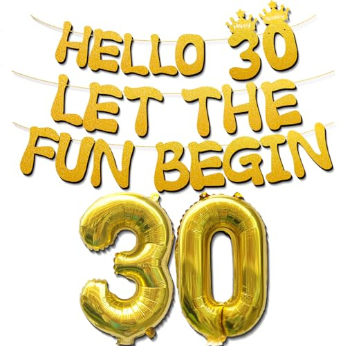 30 Geburtstag Deko Männer und Frauen - HELLO 30 - LET THE FUN BEGIN - Goldfarbenes Glitzer Banner, Beinhaltet 16-Zoll-Goldballons Geeignet (Gold)