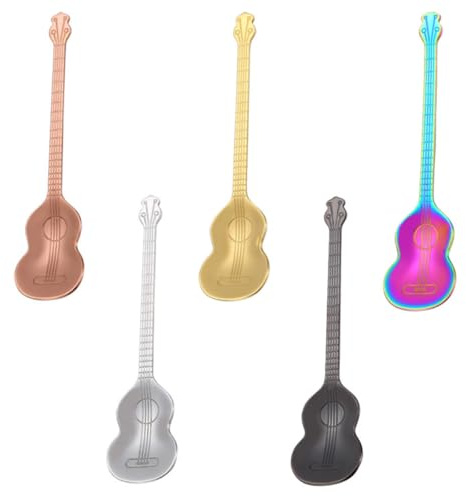 Ipetboom 5 pièces Cuillères à Café Acier Inoxydable Colorées Design Guitare Poignées Longues Chic pour Mélanger Thé Dessert