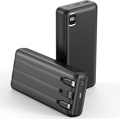 Powerbank 50000 mAh di grande capacità – Caricatore rapido con cavo integrato, USB C Power Bank 5 uscite e 2 ingressi display LED, compatibile con iPhone, tablet, Android e altro ancora