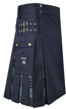 Men’s Scottish Hybrid Utility Kilt - Modern Black Cotton & Acrylic Wool Tartan Kilt for Men with Adjustable Straps & Cargo Pockets