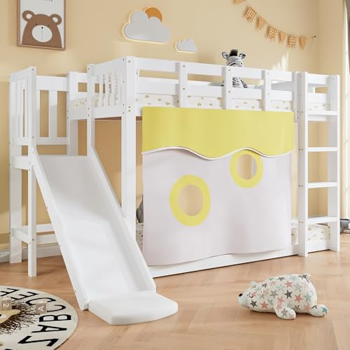 Mrwoo Kinderbett 90x200 cm, Etagenbett mit Rutsche, Hochbett mit Dreistufige Treppe und Rausfallschutz Geländer, Geeignet für Kinder und Jugendliche, Holzlatten (Ohne Matratze) (Weiß)