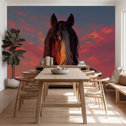 Moderno Murales De Papel Pintado 250 x 175 cm, Fotomurales Pared Tejido No Tejido Animal Caballo Marrón Atardecer Decorativos Murales póster para Dormitorio Salón TV Pared