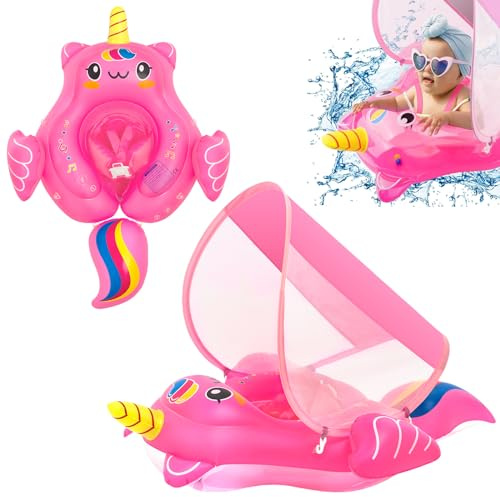 Salvagente Neonato 3-12 mesi, rosa caldo Unicorn gonfiabile Galleggiante neonato con sole baldacchino sedile anti-flip coda, anello nuoto bambino galleggiante nuotare cerchio per i bambini