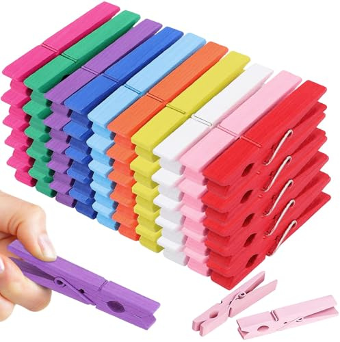 Kinesgsg 100 Stück Wäscheklammern Holz, 7,3cm Bunte Wäscheklammern, Umweltfreundliche Holzwäscheklammern, Kleine Holzklammern, für Fotowand Verpackung Gastgeschenk Fotos Bilder