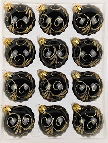 12 TLG. Glas-Weihnachtskugeln Set in Hochglanz Schwarz Goldene Ornamente - Edle Neuheit - Christbaumkugeln - Weihnachtsschmuck-Christbaumschmuck