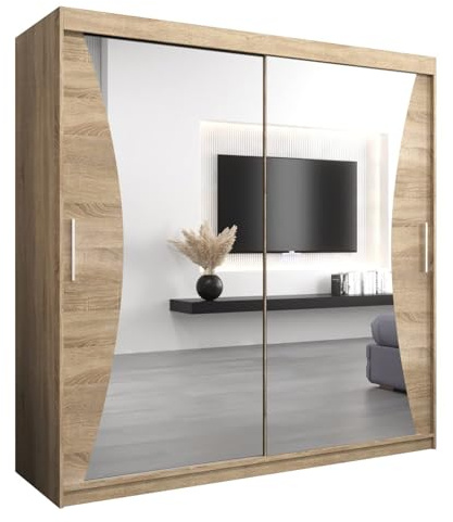 MEBLE KRYSPOL Kleiderschrank mit Spiegel Monaco - Garderobenschrank - Schrank Schlafzimmer - Mehrzweckschrank Zwei Schiebetüren - Regalen - Flur Möbel - Kleiderstange Schrank - Allzweckschrank