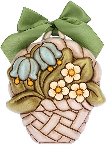 THUN - Formella con Cesto di Campanule e Fiori di Pesco da Appendere - Accessori e Decorazioni Casa - Formato Medio - Ceramica - 15,5 x 4 x 13,3 h cm