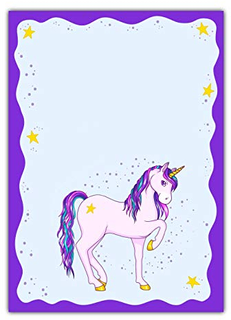 Kinder Motivpapier Briefpapier süßes violettes Einhorn mit Sternen (MPA-5193, DIN A4, 25 Blatt)