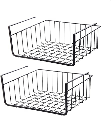 2Pcs Under Shelf Storage Basket, Under Cabinet Storage Wire Basket Organizer Fit Dual Hooks for Kitchen Pantry Desk Bookshelf Cupboard (Black)