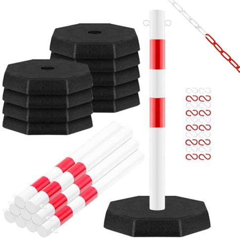 ROBUSTO 10x Kettenpfosten-Set STAHL, r/w, Ø 6 cm, 100 cm, mit 18 m Stahlkette, Art.-Nr. 71662 | Kettenpfosten | Absperrpfosten | Absperrkette