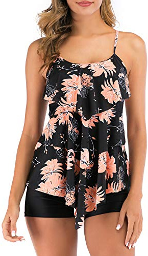 FLYILY Women 2 Piece Tankini Swimsuits Flounce Printed Top with Boyshorts Plus Size Swimwear Bathing Suit(BlackFlower,XXL)