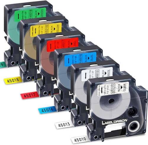 Label Orison Kompatibel mit Dymo D1 Band 45010 45013 45016 45017 45018 45019 für DYMO Label Maker Refill LabelManager 100 160 200 210D 280 500TS 420P 360D Etikettendrucker, 12mm x 7m, 6er Pack