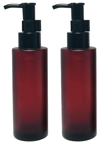 2Pcs 100ML/3.4oz Premium Frosted Glass Pump Bottles Toiletries Bottle Lotion Soap Dispenser Cosmetic Container Jar with Black Pump Top for Home Kitchen and Travel(Red Wine)