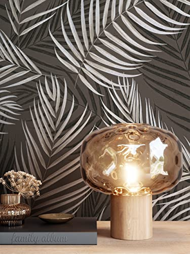 Newroom Vliestapete Schwarz Palmen Tapete Wohnzimmer Schlafzimmer | Tropische Palmenblätter, silbrig-graue Schattierung, Urban Jungle Boho Stil, Mustertapete für Flur und Büro, glatte Struktur