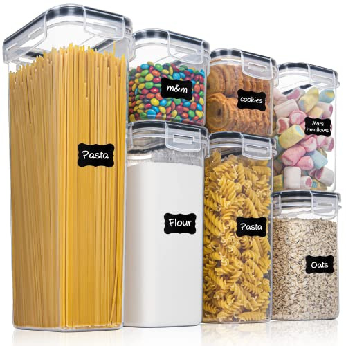 LAOLINGSY Airtight Food Storage Containers Set [7 Pc] - Kitchen Pantry Organization and Storage, Plastic Canisters with Durable Lids Ideal for Cereal, Flour & Sugar - Includes 10 Labels