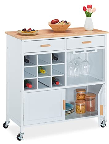 Relaxdays Küchenwagen, HxBxT: 88,5 x 86 x 41 cm, Arbeitsplatte, weiß | Weinregal, Gläserhalter, Küchenschrank mit Rollen