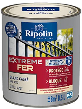 RIPOLIN - Peinture pour Fer Extérieur - Glycéro Antirouille - Sous-couche intégrée - Application directe sur Rouille - Résistante aux Intempéries, UV et Chocs - Brillant - 0,5L - Blanc Cassé RAL 1013