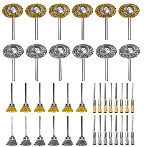 Brosse Metallique pour Perceuse, 40pcs Mini Brosse Métallique en Acier et Laiton pour Dremel Rotatifs Outils, 3 Formes avec Tige 3mm pour Polissage Dérouillage Nettoyage Ponçage