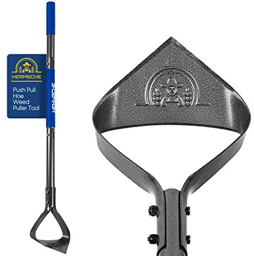 Hermsche Hoe Garden Tool, Heavy Duty Triangle 52.7 Manual Weeder with Long Handle, Carbon Steel Weed Removing Action Hoe Cultivator for Weeding, Digging, Loosening Soil, Hoeing, Edging