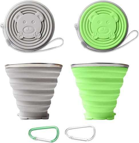 RZMZBY 2 Stück faltbarer Reisebecher, faltbarer kaffeebechermit Deckel,320 ml, BPA-frei, einziehbar, geeignet für Picknick, Camping, Outdoor, Wandern, Reisen (Grün + Grau)