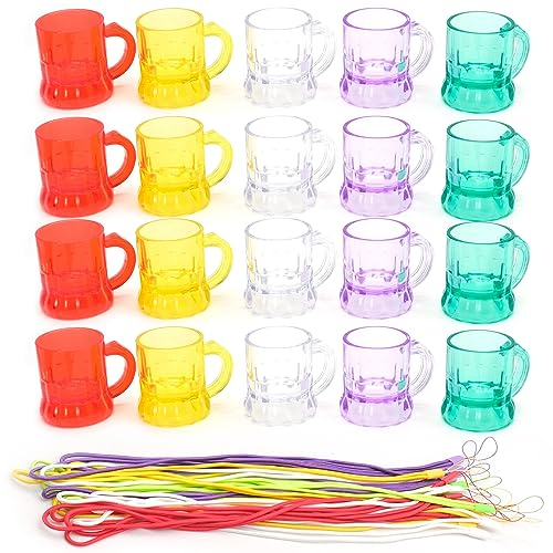 BLLREMIPSUR 20 vasos de chupito con asa, vasos de chupito de plástico de color para fiesta con 20 cadenas, collar de despedida de soltero para boda, cumpleaños, despedida de soltera
