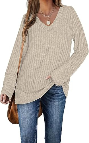 DUOEASE Pull Femme Automne Chic Elegant Col en V Sweatshirt Casual Confortable Top(Apricot,S)