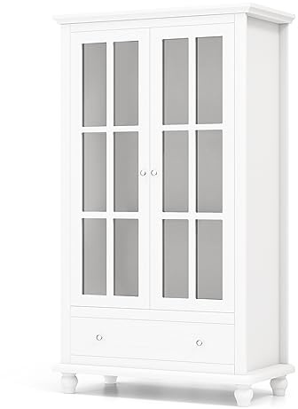 SFAREST Wooden Bookcase, 2 Door Storage Display Cabinet with Large Drawer & Anti-tipping Kits, 3-Level Adjustable Freestanding Sideboard for Living Room Study Bedroom Office