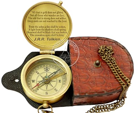 Samara Nautical Kompass mit Gravur Not All Those Who Wander are Lost, Messing, mit Lederetui, Schulabschluss, Taufe, Kommunion, Konfirmation, Motivationstag, LOTR J.R.R. Tolkien