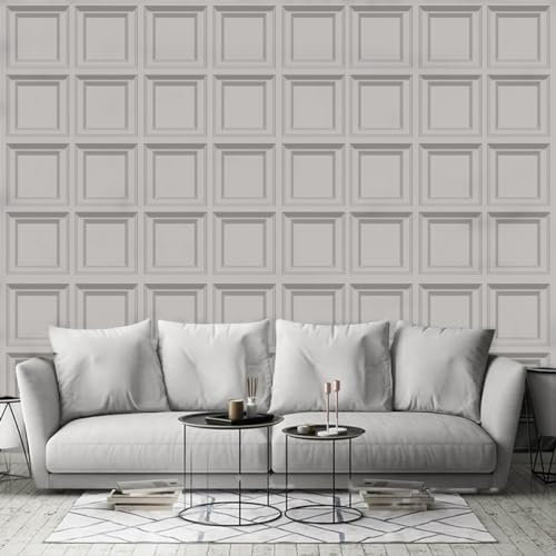 Snewvie 3D Wood Effect Wallpaper 4 Roll Wooden Panel Frame Realistic Textured Retro Embossed Cream Tartan Wallpaper for Living Room Feature Wall Bedroom