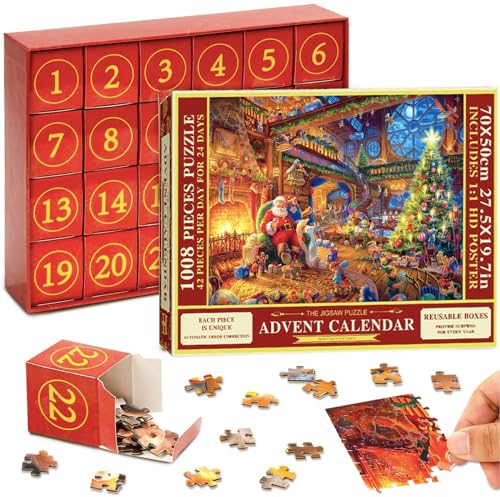 Advent Calendar 2024 Christmas Jigsaw Puzzle for Kids and Adults Xmas Gift,1008 Pieces Xmas Puzzles in 24 Box 24 Days Christmas Countdown Jigsaw Puzzles Santa Claus Puzzles for Home Wall Decor
