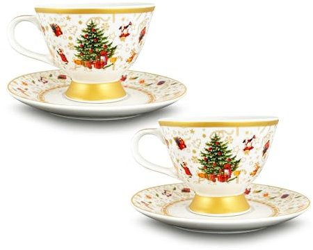 ARCA, Set di 2 Tazze da caffè con Piattino in Porcellana, con Decorazione Natalizia Albero di Natale con Bordo Oro, Resistenti e Durature, Ideali per la Tavola, Idea Regalo Natale, 7,5x9,5 cm
