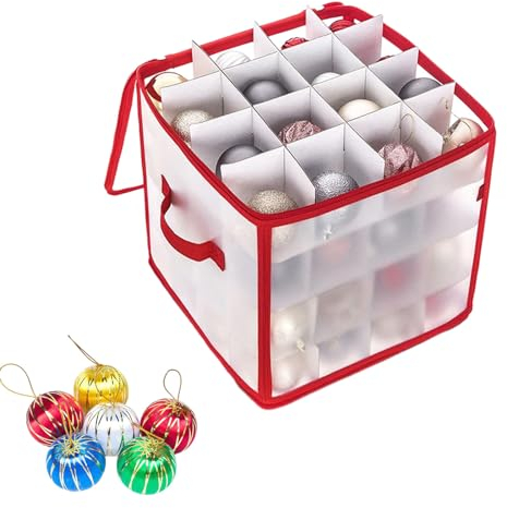 Aufbewahrungsbox für Weihnachtskugeln, Klar Weihnachtskugeln Aufbewahrung aus Kunststoff, Hält bis zu 64 Kugeln, Faltbar Weihnachtsschmuck Organizer mit Teiler, Deckel, Reißverschlüsse und Griffe