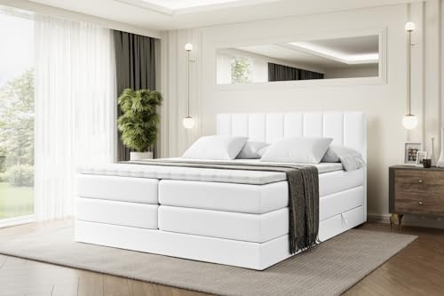 ALTDECOR Boxspringbett mit Matratze und Lattenrost, Topper, Polsterbett mit Bettkasten, Bett mit Stauraum H3- und H4- Matratze, Doppelbett, Springboxbett - OTTA King - 180x200 Weiß Kunstleder